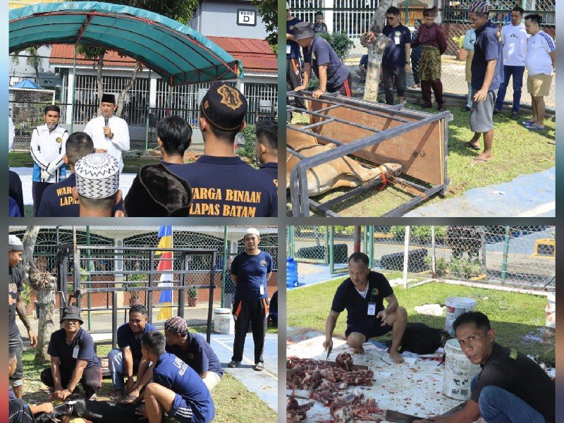 Kepala Lapas Batam, Yosfat Rizanto bersama warga binaan menyembelih hewan qurban dalam rangka memperingati Hari Raya Idul Adha 1447 H