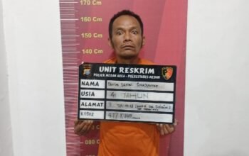 Pelaku, Pantas Simanjuntak saat menjalani pemeriksaan di Mapolsek Medan Area.
