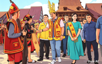 Ilustrasi karikatur politik Gubernur Sumut Bobby Nasution berkantor di Nias di tengah tumpukan APBD, dikelilingi warga dengan infrastruktur jalan rusak.