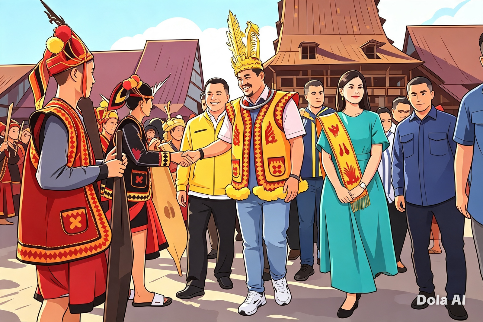 Ilustrasi karikatur politik Gubernur Sumut Bobby Nasution berkantor di Nias di tengah tumpukan APBD, dikelilingi warga dengan infrastruktur jalan rusak.