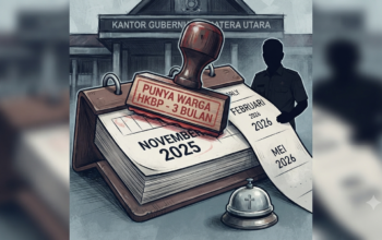 Ilustrasi stempel "Punya Warga HKBP 3 Bulan" di kalender November 2025 di depan Kantor Gubernur Sumatera Utara