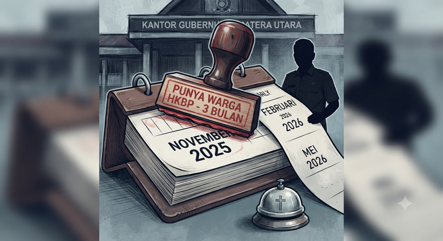 Ilustrasi stempel "Punya Warga HKBP 3 Bulan" di kalender November 2025 di depan Kantor Gubernur Sumatera Utara