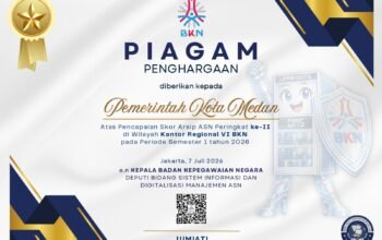 Piagam Penghargaan Skor Arsip ASN Peringkat II Wilayah Kanreg VI BKN yang diterima Pemerintah Kota Medan, Semester I Tahun 2026.