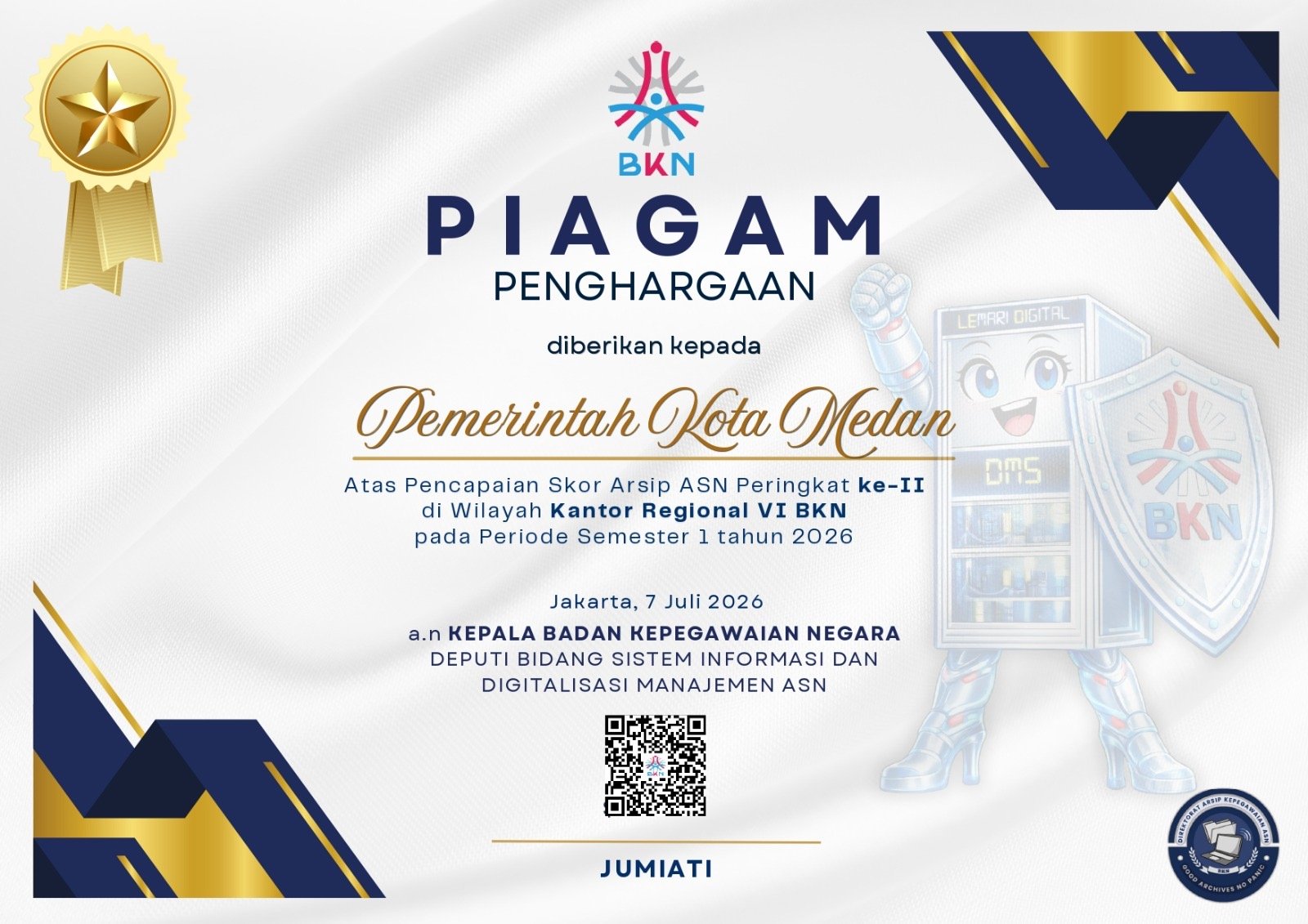 Piagam Penghargaan Skor Arsip ASN Peringkat II Wilayah Kanreg VI BKN yang diterima Pemerintah Kota Medan, Semester I Tahun 2026.