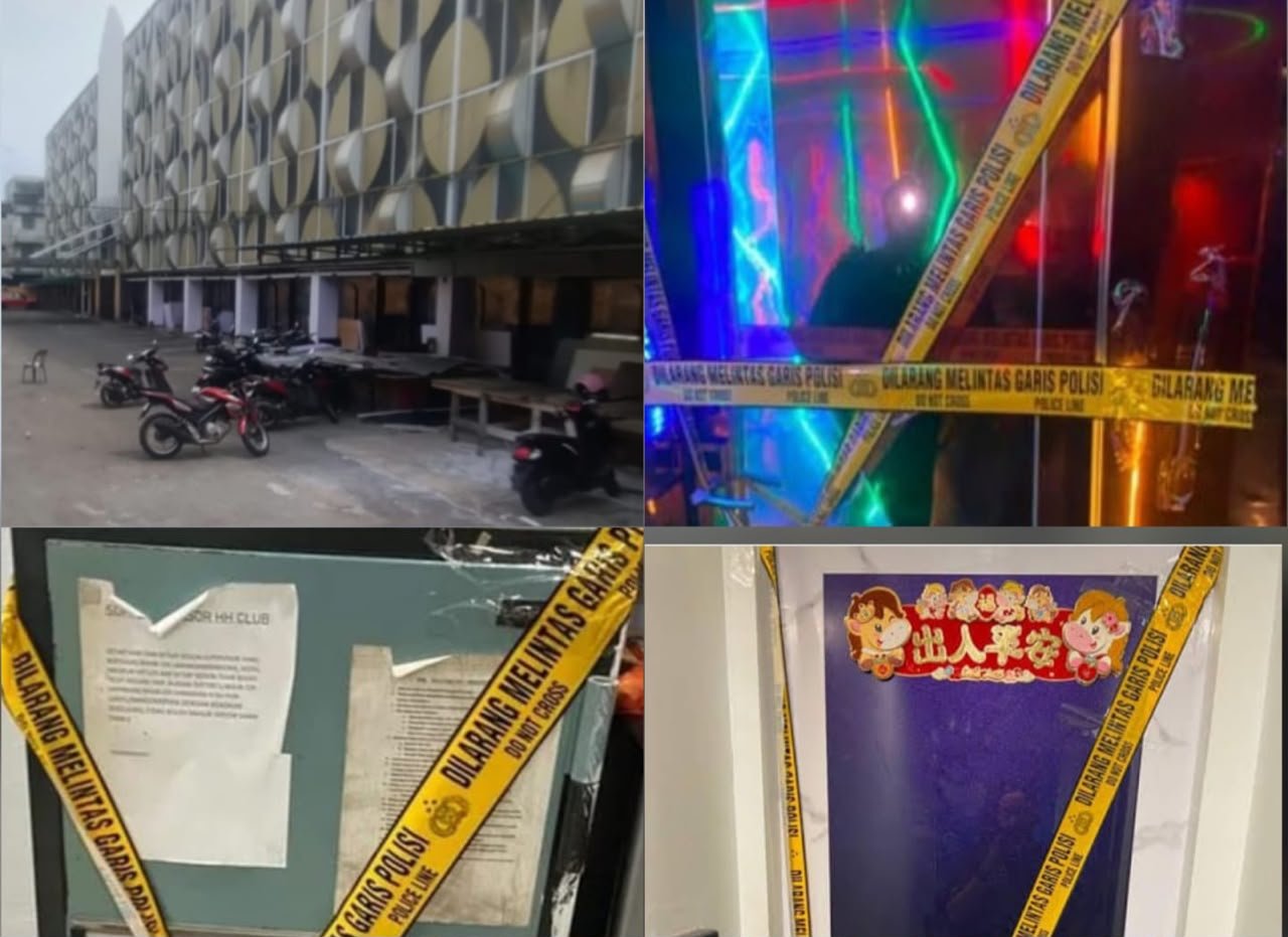 Kompleks bangunan HH Club Planet 3 Batam dan ruang dalamnya yang sudah disegel garis polisi setelah digerebek Bareskrim Polri, Senin (10/8/2026).