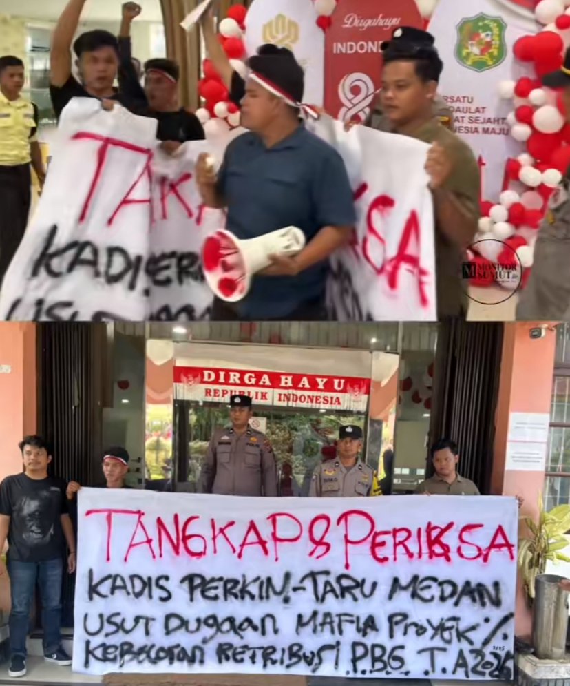 Massa aksi MONITOR menuntut pemeriksaan Kepala Dinas Perkimcikataru Medan di depan kantor dinas tersebut, Rabu (19/8/2026).
