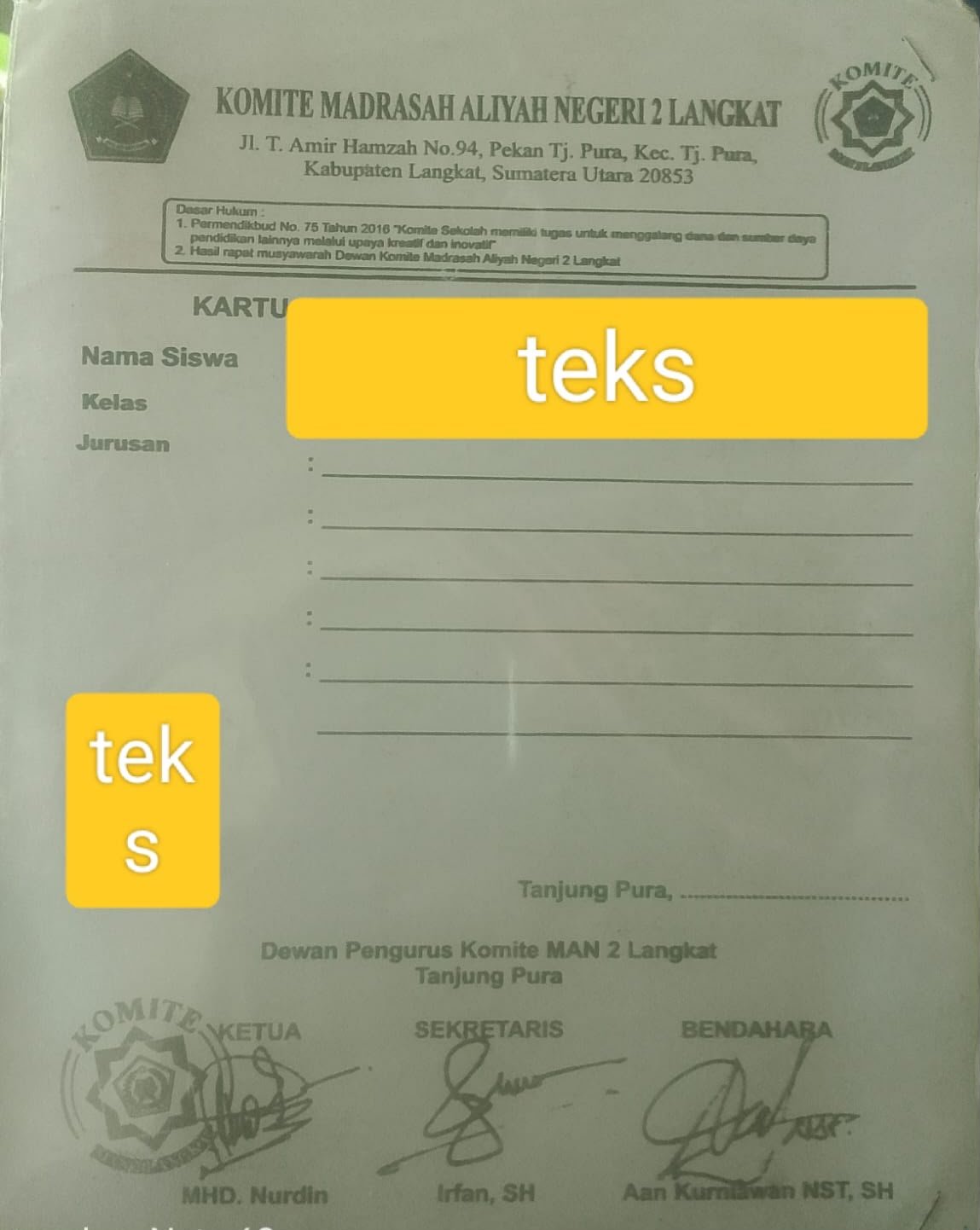 Kartu SPP siswa MAN 2 Tanjung Pura yang menjadi sorotan