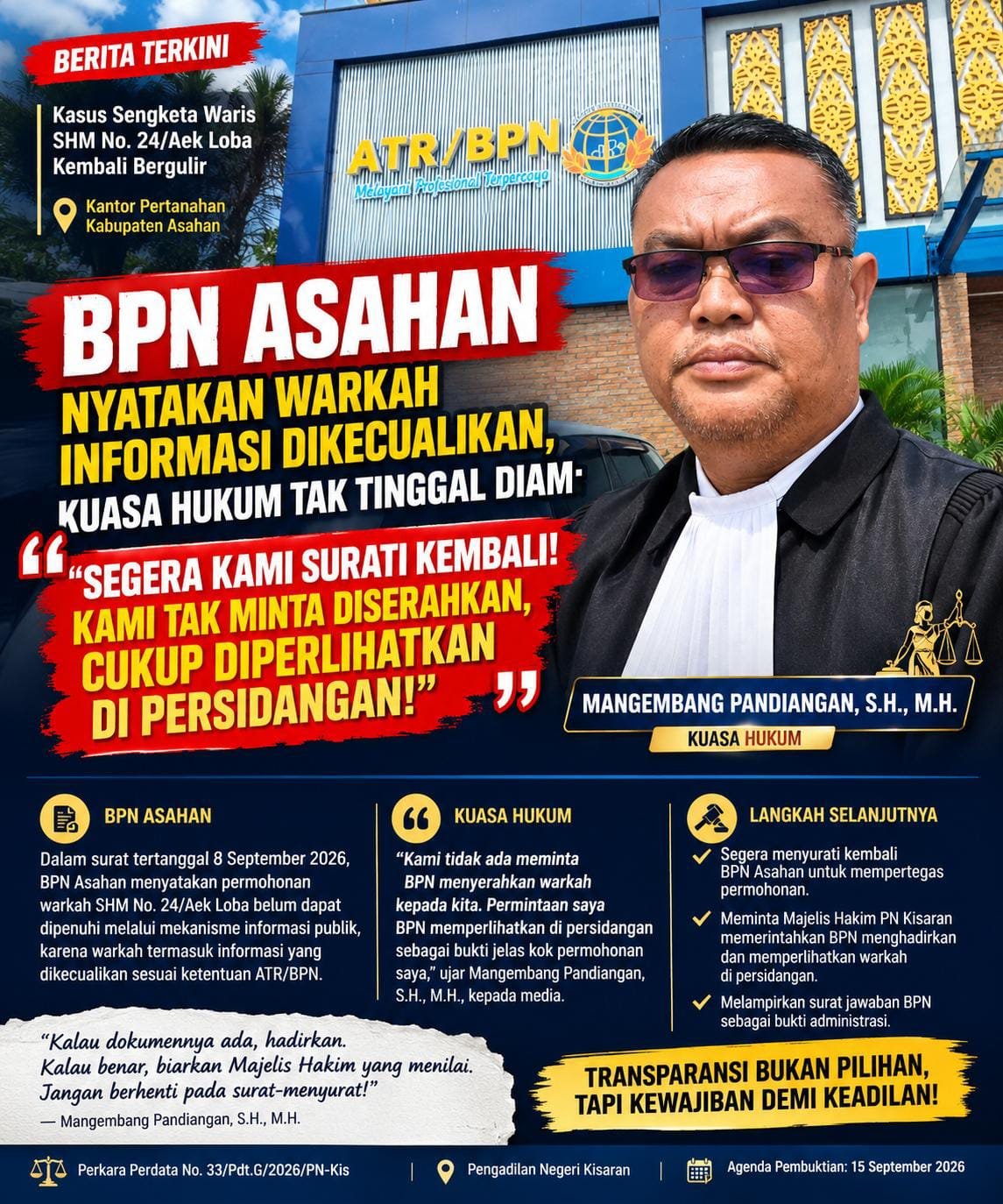 Sengketa Waris Tanah Asahan, Kuasa Hukum Minta Warkah SHM Nomor 24/Aek Loba Dibuka di PN Kisaran ‎