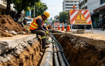 Pekerjaan pemindahan kabel udara ke bawah tanah di ruas jalan utama Kota Medan.