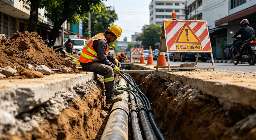 Pekerjaan pemindahan kabel udara ke bawah tanah di ruas jalan utama Kota Medan.
