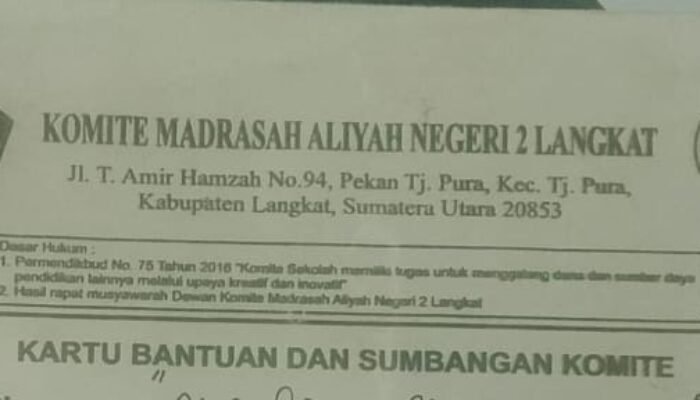 Diduga Berkedok Sumbangan, MAN 2 Tanjung Pura Tarik Rp75 Ribu per Siswa
