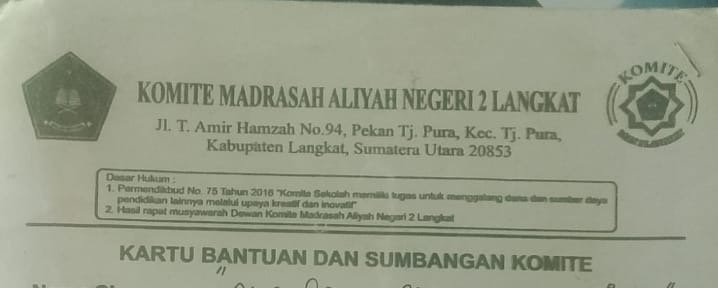 Kartu SPP MAN 2 Tanjung Pura mencantumkan pungutan Rp75 ribu per siswa.